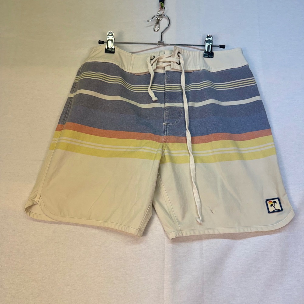 Marine Layer Mens Retro Striped Board Shorts Cream Blue Yellow Size 30